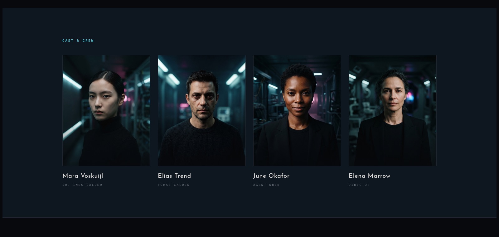 Cast and crew with four portraits
