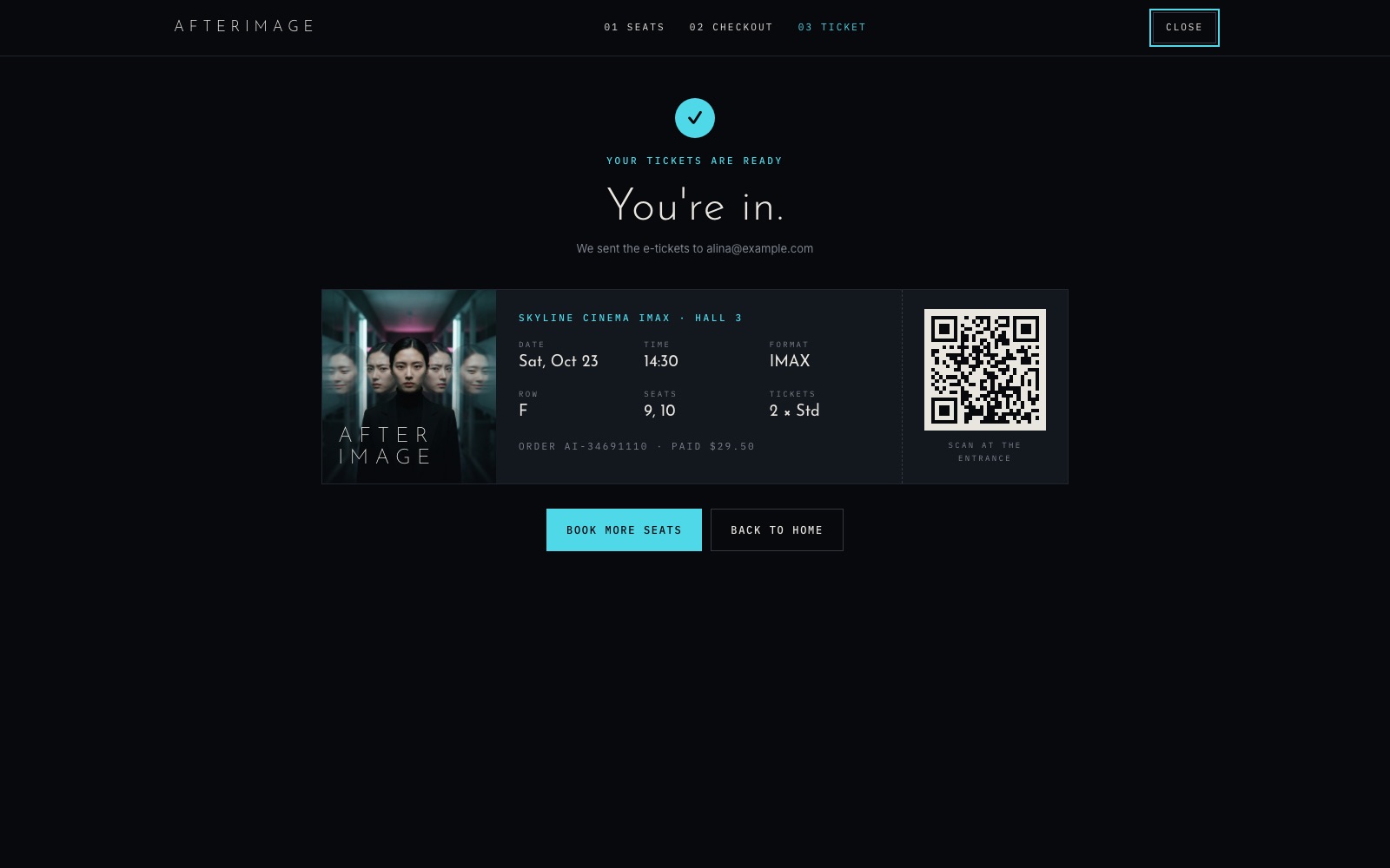 E-ticket with seats and a QR code