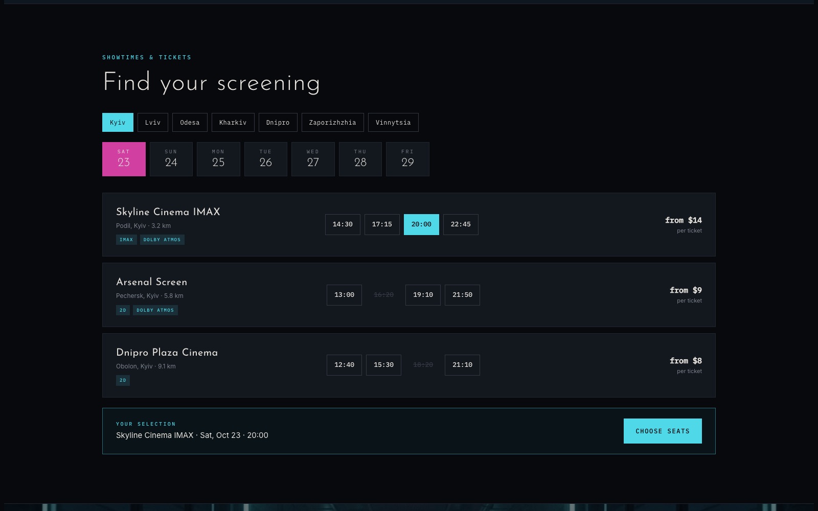 Showtimes with city chips, dates and sessions
