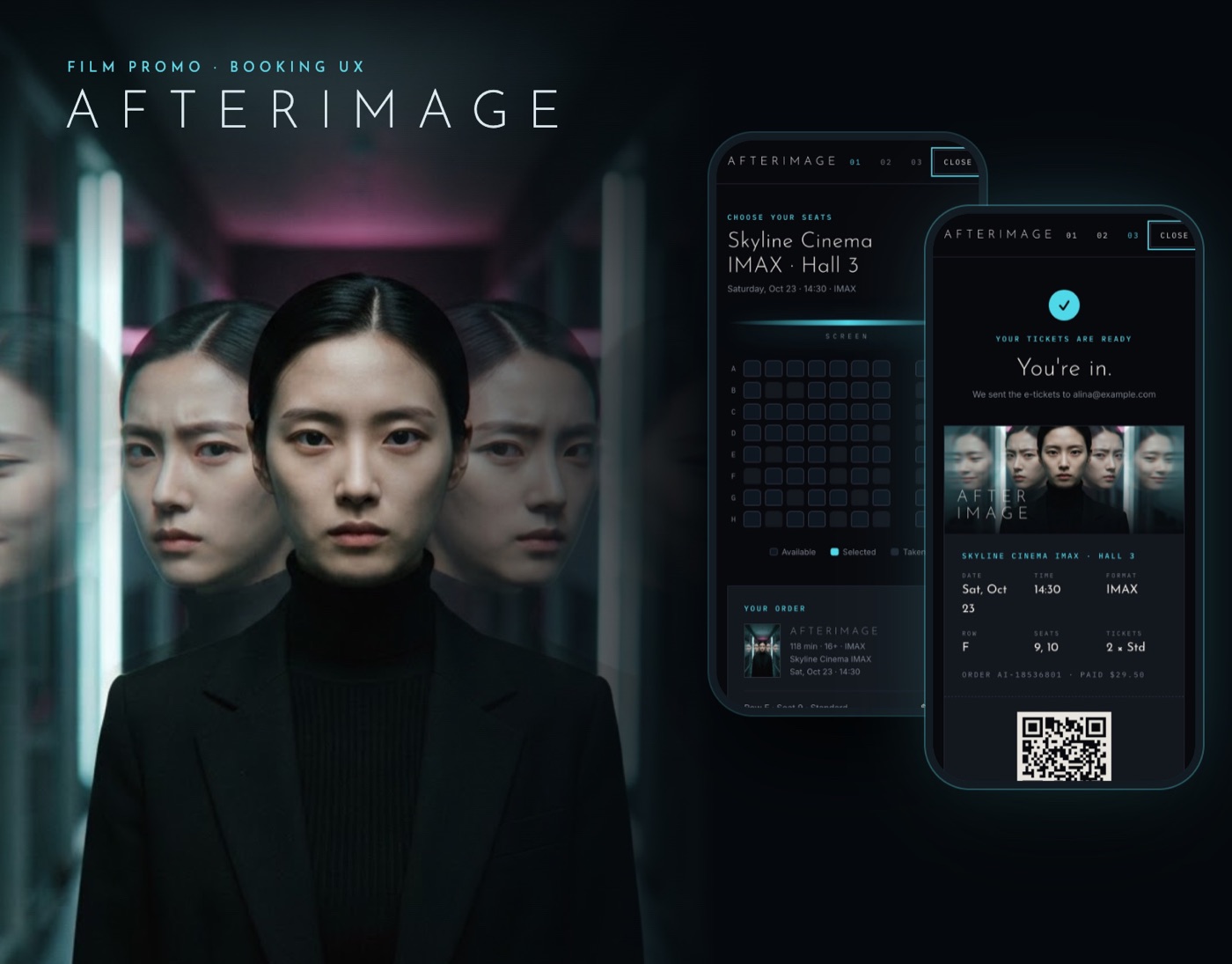 Afterimage: film poster next to the seat map and e-ticket screens