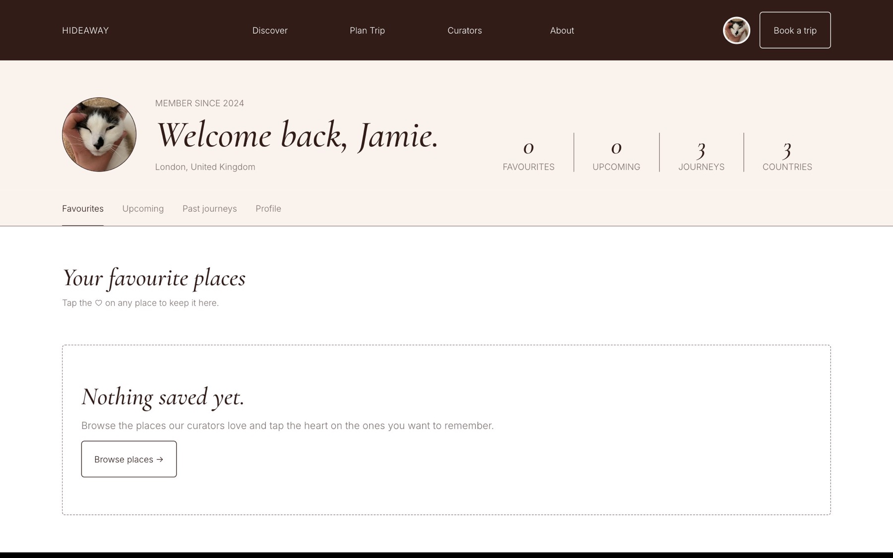 Account page with saved places