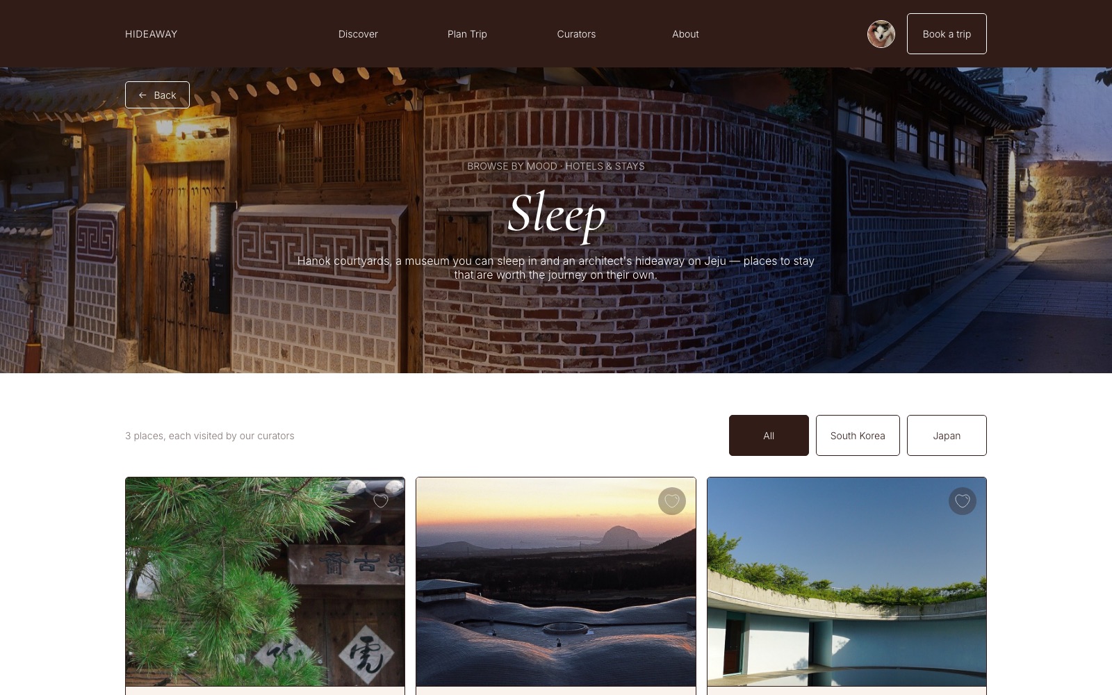 Sleep category with hotel cards filtered by country