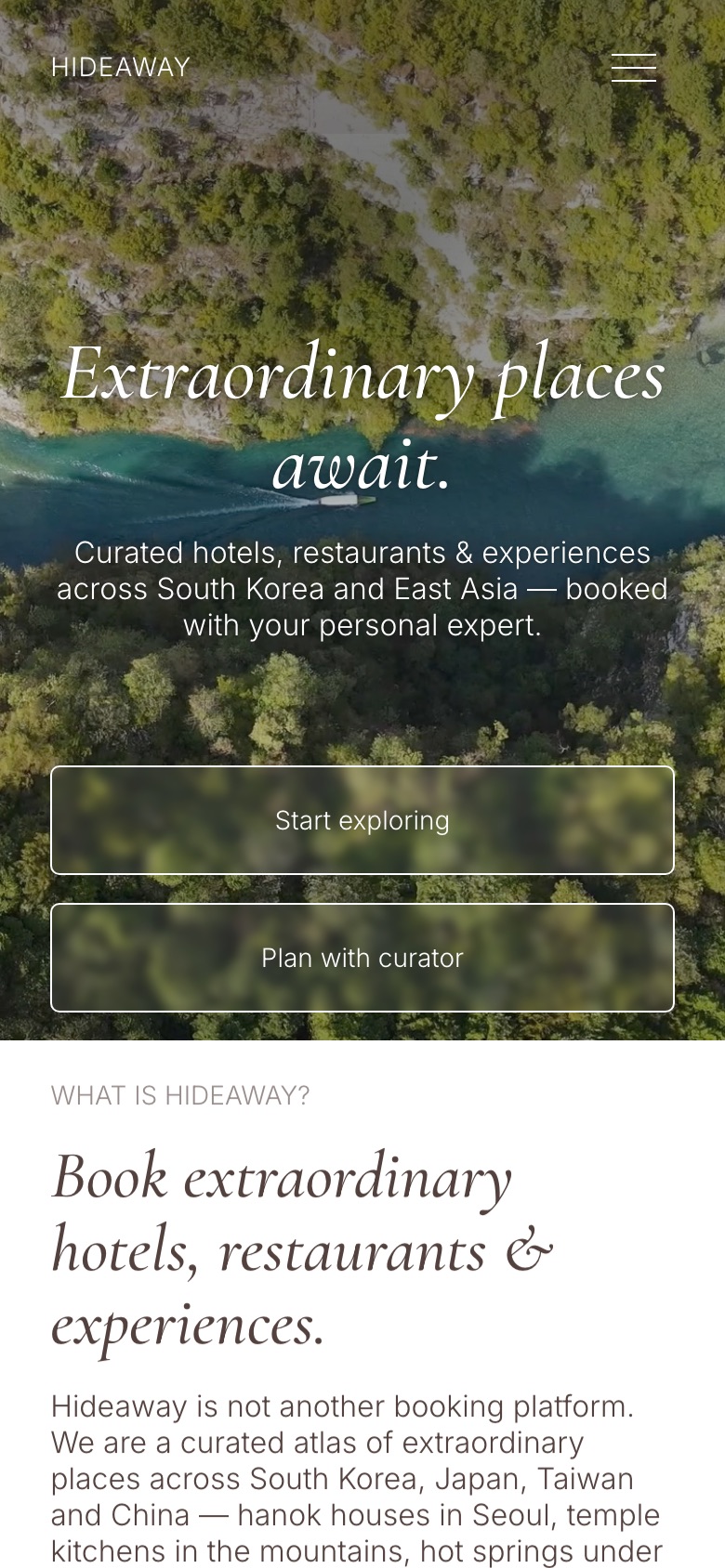 Hideaway home page on a phone