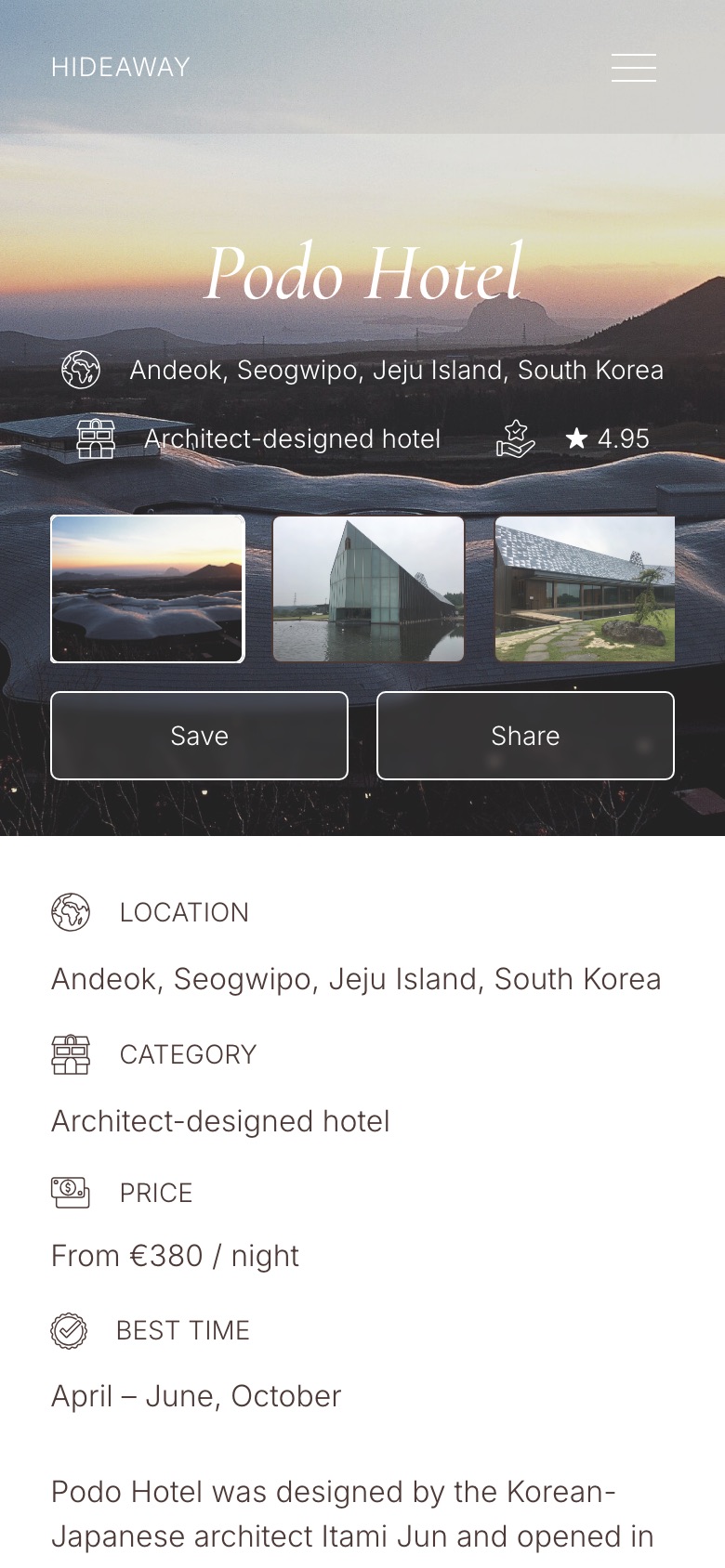 Hideaway hotel page on a phone