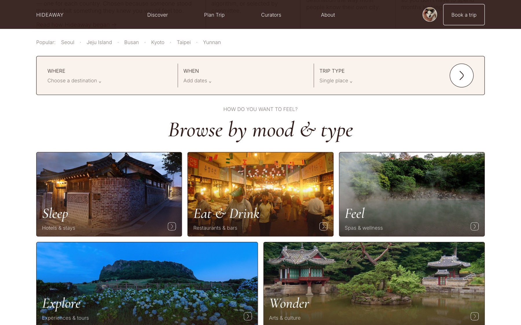 Search bar and five mood tiles