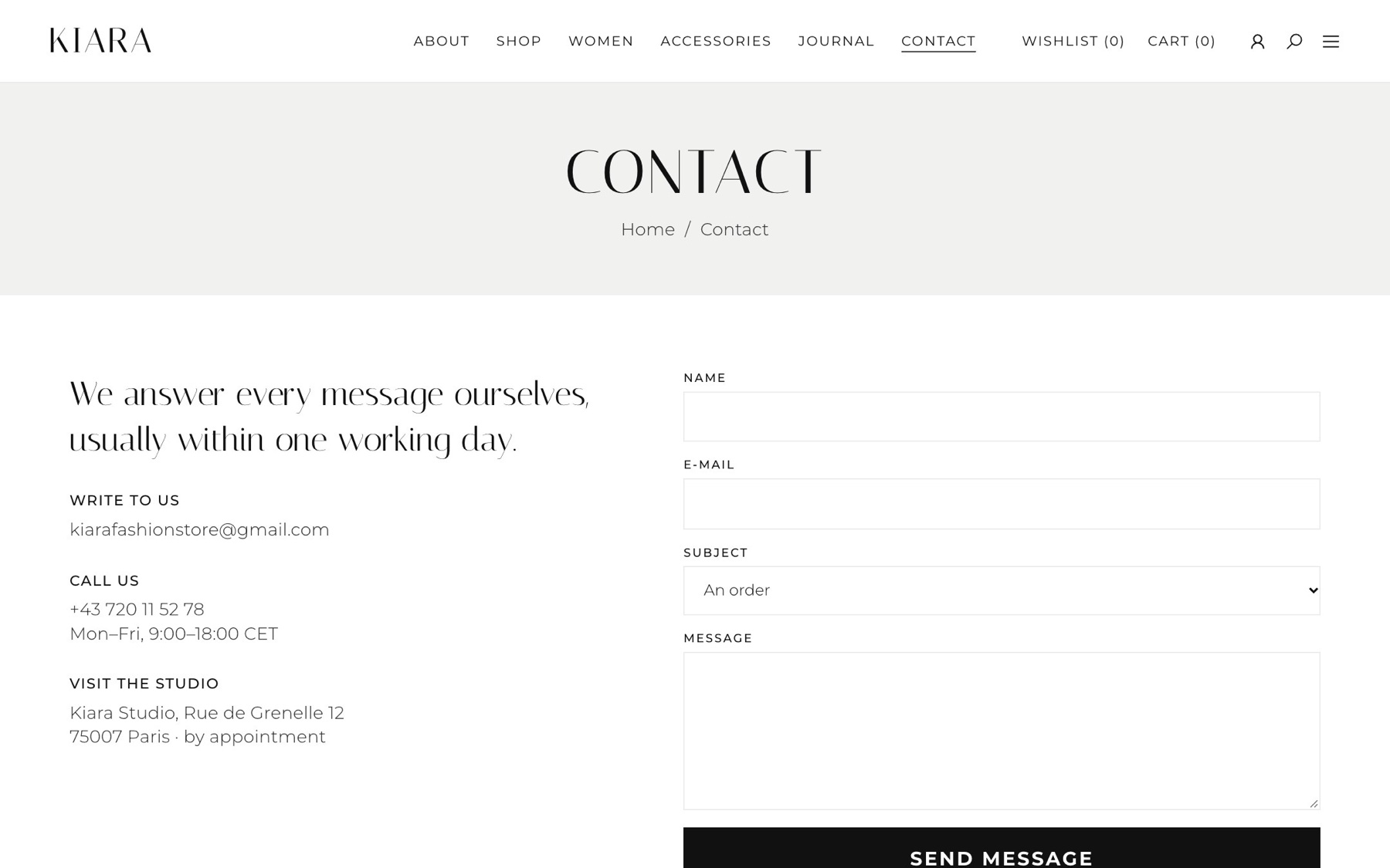 Contact page with the studio address and a form