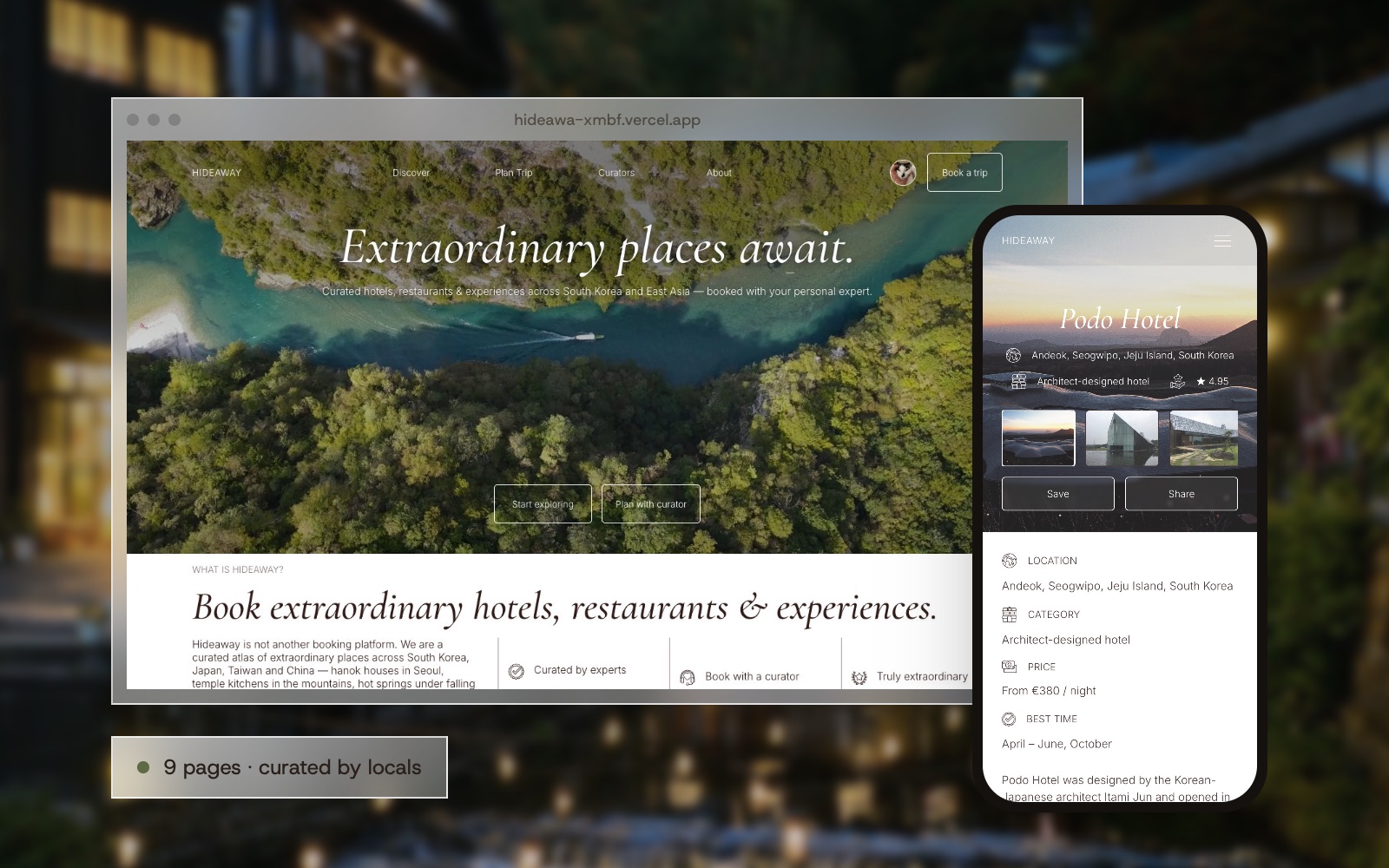 Hideaway home page in a browser window and a hotel page on a phone