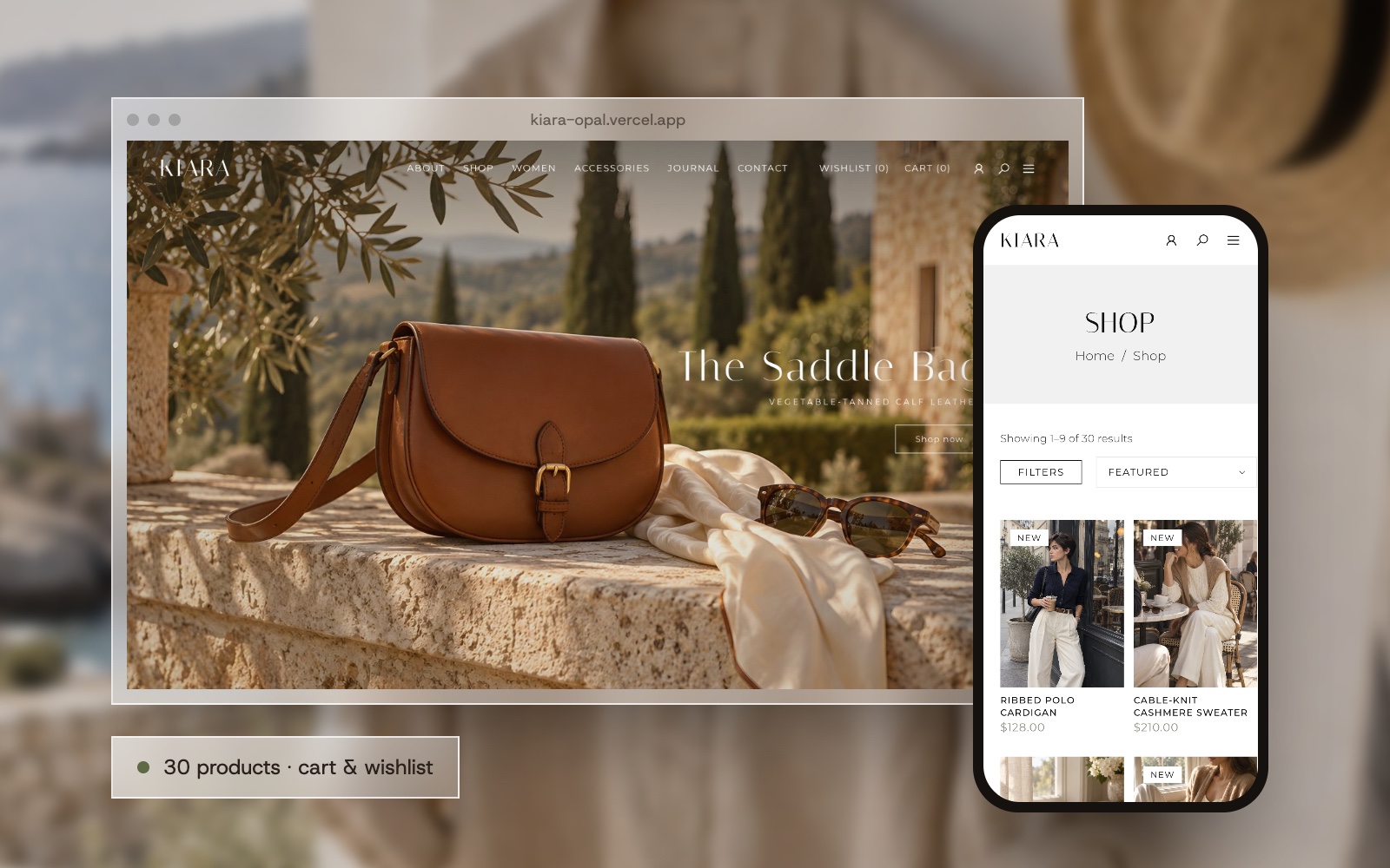Kiara home page in a browser window and the shop on a phone