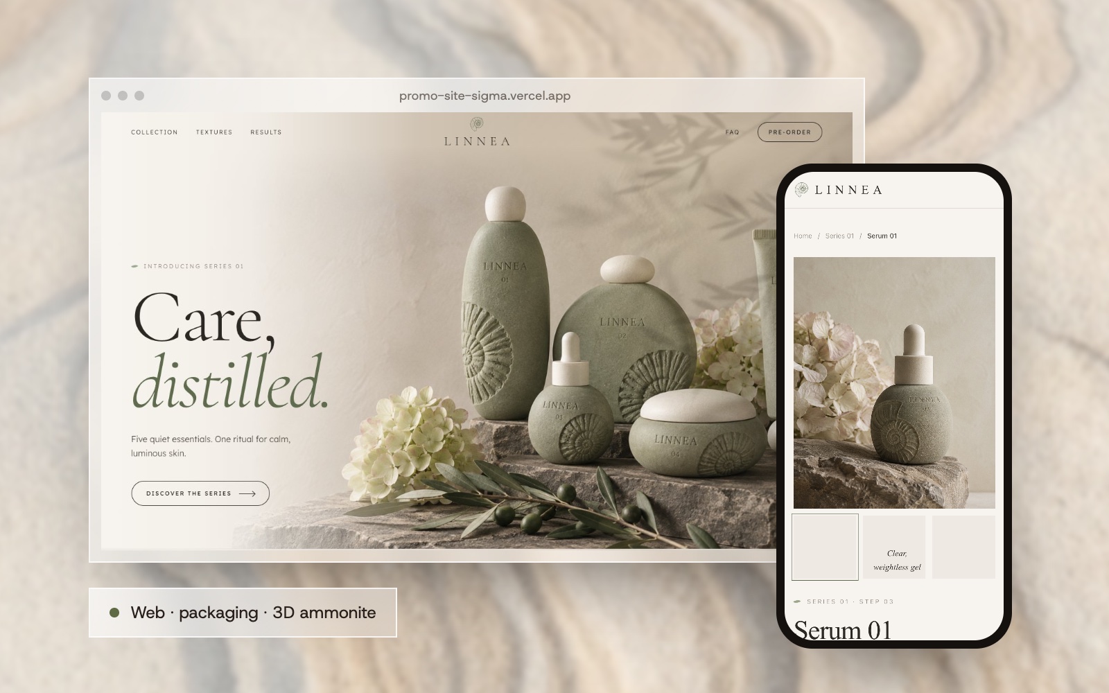 Linnea landing page in a browser window and a product page on a phone