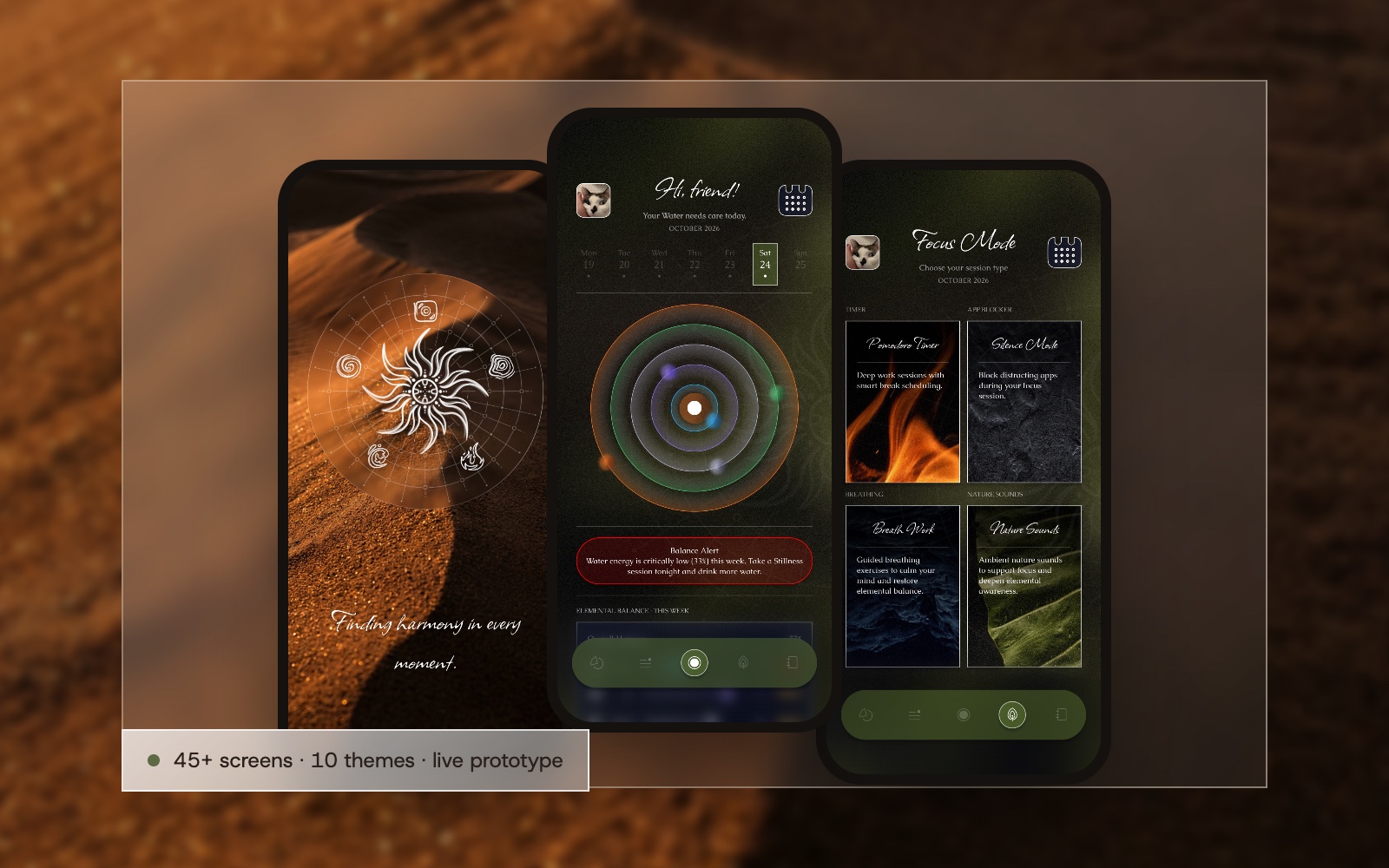 Three Shine app screens, the mandala splash, home and focus mode, on a glass panel over desert dunes
